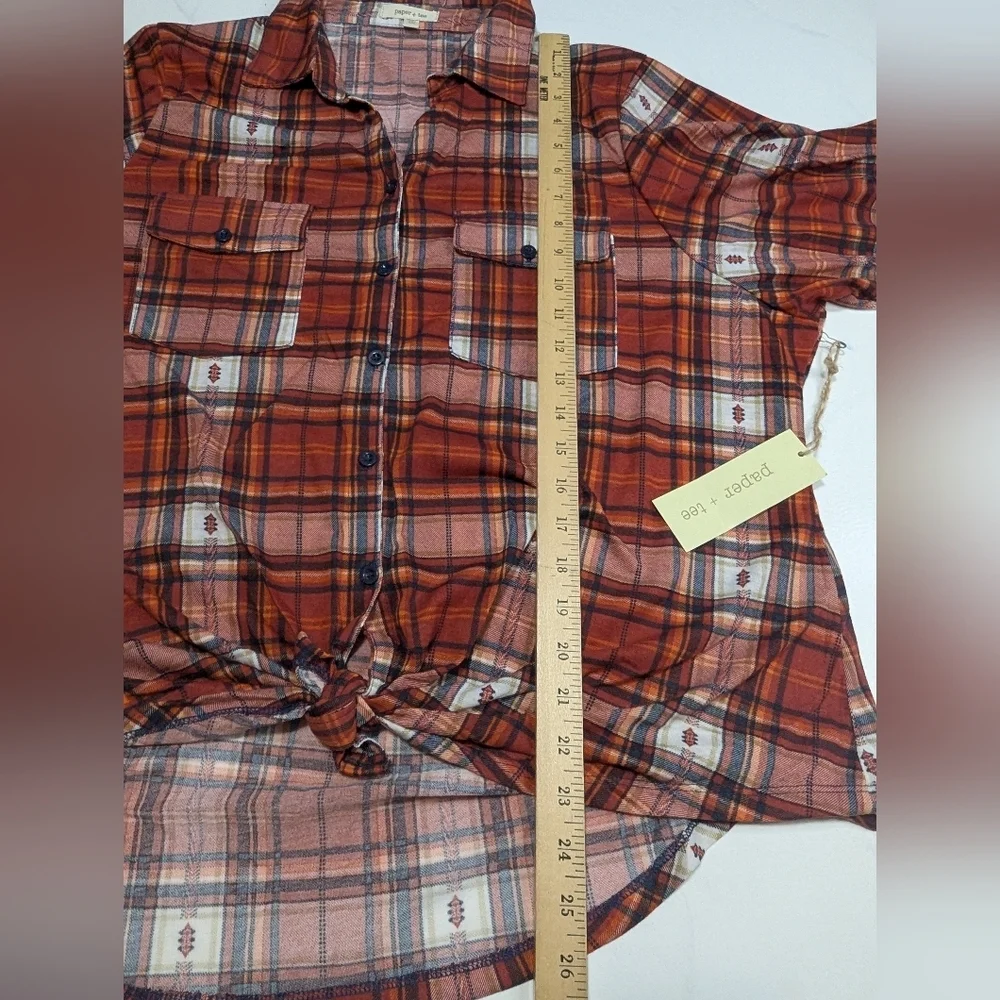 Paper + Tee Red/BlacK Plaid Flannel Shirt Tie Front 3/4 Roll-Tab Sleeve, Size 2X - Picture 8 of 11